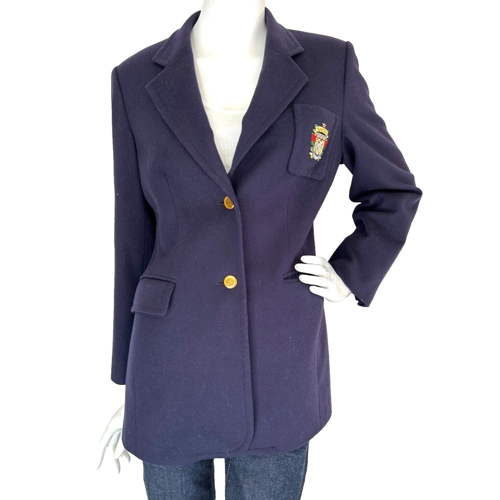 Vintage Aaron's Cashmere Blazer M Navy Gold Button Dark Academia Collegiate